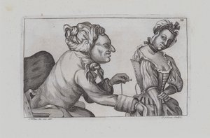 Man sews girl into corset (engraving) by John  Collier