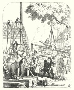 Workmen on the site of the Crystal Palace, Hyde Park, London, venue of the Great Exhibition of 1851 by John (after) Gilbert