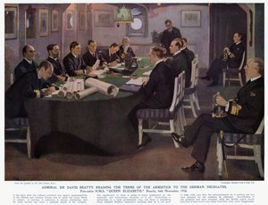 Admiral Sir David Beatty reading the terms of the armistice to the German Delegates, fore-cabin HMS Queen Elizabeth, Rosyth