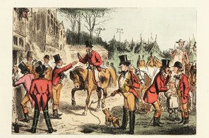 A huntsman in hunting pinks joins others drinking and smoking before a hunt by John (after) Leech