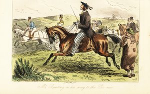 English gentleman with whiskers in tam o’shanter cap riding a horse on his way to a picnic in the country