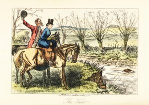 English huntsman and lady watching a fox swim across a river