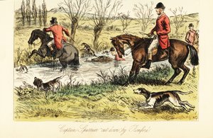English Huntsman Fording a River with Fox Hounds by John (after) Leech
