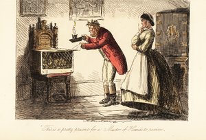 English huntsman in hunting pinks and boots examining a fox in a cage by candlelight by John (after) Leech