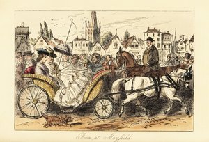 English lady in crinoline dress with parasol driving a pony-drawn basket-carriage through the busy streets of a small town by John (after) Leech