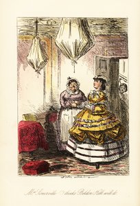 English Lady Surveying a Fancy Room with Covered Furniture and Chandeliers in Brown-holland Balloons by John (after) Leech