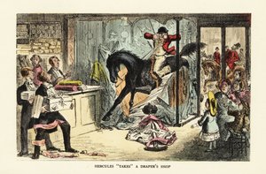 Horse and drunk huntsman crashing through a shop window by John (after) Leech