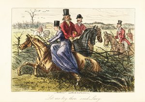 Lady riding side-saddle on a horse stuck in a fence during a fox hunt