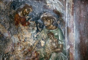 Fresco of Holy Family, Byzantine Church of Ayios Stephanos, Drakona, Crete, Greece by Walter Charles Mills
