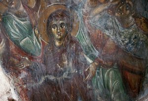 Fresco of Saint in Byzantine Church of Ayios Stephanos, Drakona, Crete, Greece by Walter Charles Mills