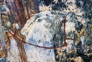 Horse, damaged fresco on ceiling in church of Agios Vasileios, Vavouledo, Crete, Greece by Walter Charles Mills