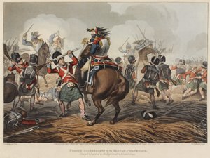 French Cuirassiers in the battle of Waterloo charged and defeated by the Highlanders and Scotch Greys, engraved by M. Dubourg, 1819 by John Augustus Atkinson