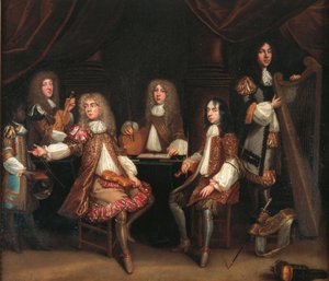 The Crimson Bedchamber, portrait group of gentlemen with musical instruments, traditionally said to depict the Cabal Ministry of King Charles II by John Baptist de Medina