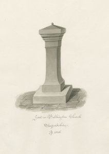 Font in Bobbington Church: Sepia Drawing by John Buckler