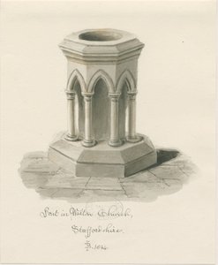 Font in Walton-on-the-Hill Church by John Buckler