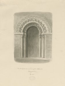 Longdon Church - South Doorway: sepia drawing by John Buckler