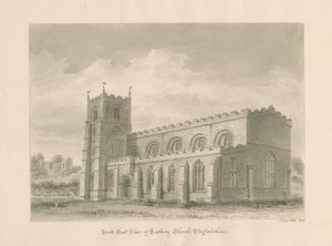 Tutbury Priory Church (sepia wash drawing, 1812) by John Buckler