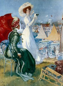 Young women following regattas with binoculars (Lithograph by John Cameron)