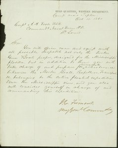 Letter signed J.C. Fremont, Major General Commanding, Head Quarters, Western Department, camp near Tipton, to Captain A.H. Foote, U.S.N. Commanding Naval Forces H.D., St. Louis, October 11, 1861 by John Charles Frémont