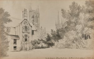 View from the Garden of Henry Thorold, Esq., His House & Lincoln Cathedral by John Claude Nattes
