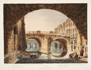 View taken from under the first Arch of the Bridge of the Hotel Dieu, the Little Bridge, Part of Hotel Dieu, illustration from Versailles, Paris and Saint Denis