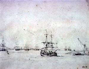 A Brig at Anchor and Other Shipping in the Thames