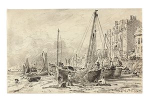 Beached fishing boats with fishermen mending nets on the beach at Brighton, looking West, c.1824-28 by John Constable