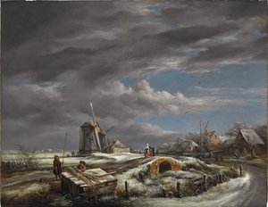 Winter Landscape with Figures on a Path, a Footbridge and Windmills Beyond