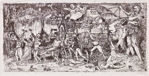 Wine barrel drawn by four tigers