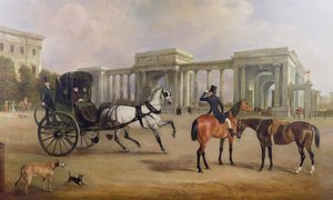 Mr. Massey Stanley with cabriolet and hacks at Hyde Park Corner, 1833