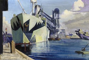 Dock Canada in Liverpool, with an Anchored Warship, Painted with Colourful Camouflage