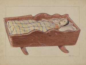 Pa. German Cradle with Doll & Coverlet by John Fisk