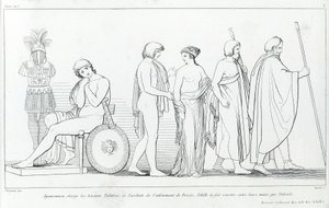 Agamemnon charged the heralds Taltibius and Euribat with the abduction of Briseis; Achilles had it handed over to their hands by Patroclus. Drawing by John Flaxman (1755 - 1826). Homer