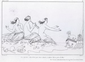 Mermaids seek by their song to attract Ulysses. Drawing by John Flaxman. Homer
