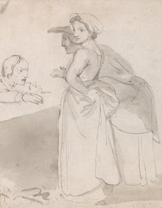 Two Women Talking to a Man at a Counter