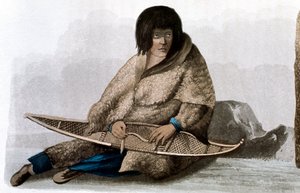 Copper Indian girl mending snow shoe by John Franklin