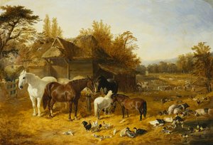 A Farmyard with Horses and Ponies, Berkshire, Saddlebacks, Alderney Shorthorn Cattle, Bantams, Mallard and Guinea Fowl, with a Country Mansion by a River in the Distance