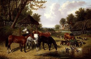 Horses by a Farmyard Pond by John Frederick Herring Senior