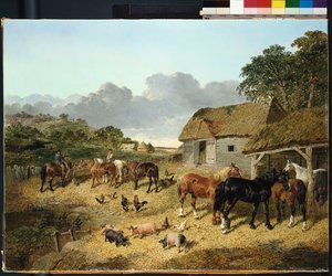 Horses drinking from a water trough, with pigs and chickens in a farmyard