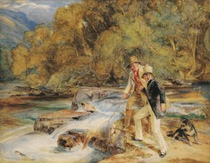 Sir Edwin Landseer, R.A. with a Ghillie Fishing for Salmon