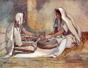 Two Women grinding at a Hand-Mill