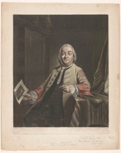 Portrait of Simon Fokke Holding the Print of the Plundering of the House of Gerrit Hagedooren, 1751