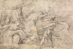 Two Men Fighting Before a Woman