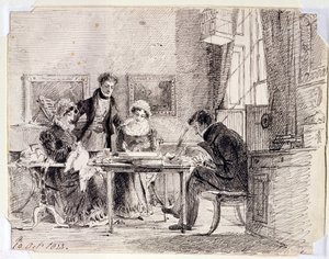Family group sewing and reading by John Harden