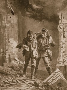 Private A.E. Walker Assisting a Wounded Comrade from a Burning Church Used as a Hospital by John Harris Valda