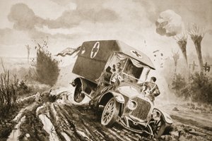 Private Adams Going to the Assistance of the Wounded in a Motor Ambulance Which Had Run into a Shell-Hole While Under Fire by John Harris Valda