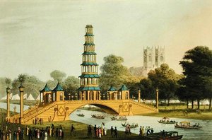 The Chinese Bridge and Pagoda, Erected in the Park in commemoration of the Glorious Peace of 1814, engraved by Matthew Dubourg