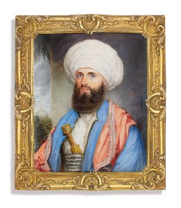 James Silk Buckingham in White Shirt with a Light Blue Coat, Pink Embroidered Shawl Around His Shoulders and a White Turban with a Dagger Secured in to His Cummerbund, Landscape Background with a Mosque