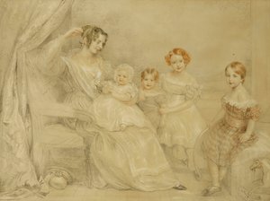 Portrait of Mrs. W.S. Fry and her Four Children: Emma, Willy, Julie and Georgina, Seated in an Interior, 1840 by John Linnell