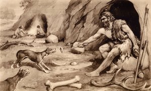 Cave man feeding dog